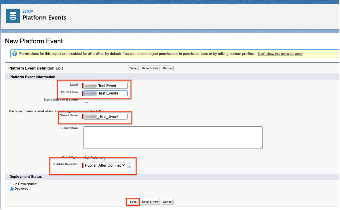 Gambar yang menunjukkan setelan label dan perilaku publikasi untuk peristiwa platform