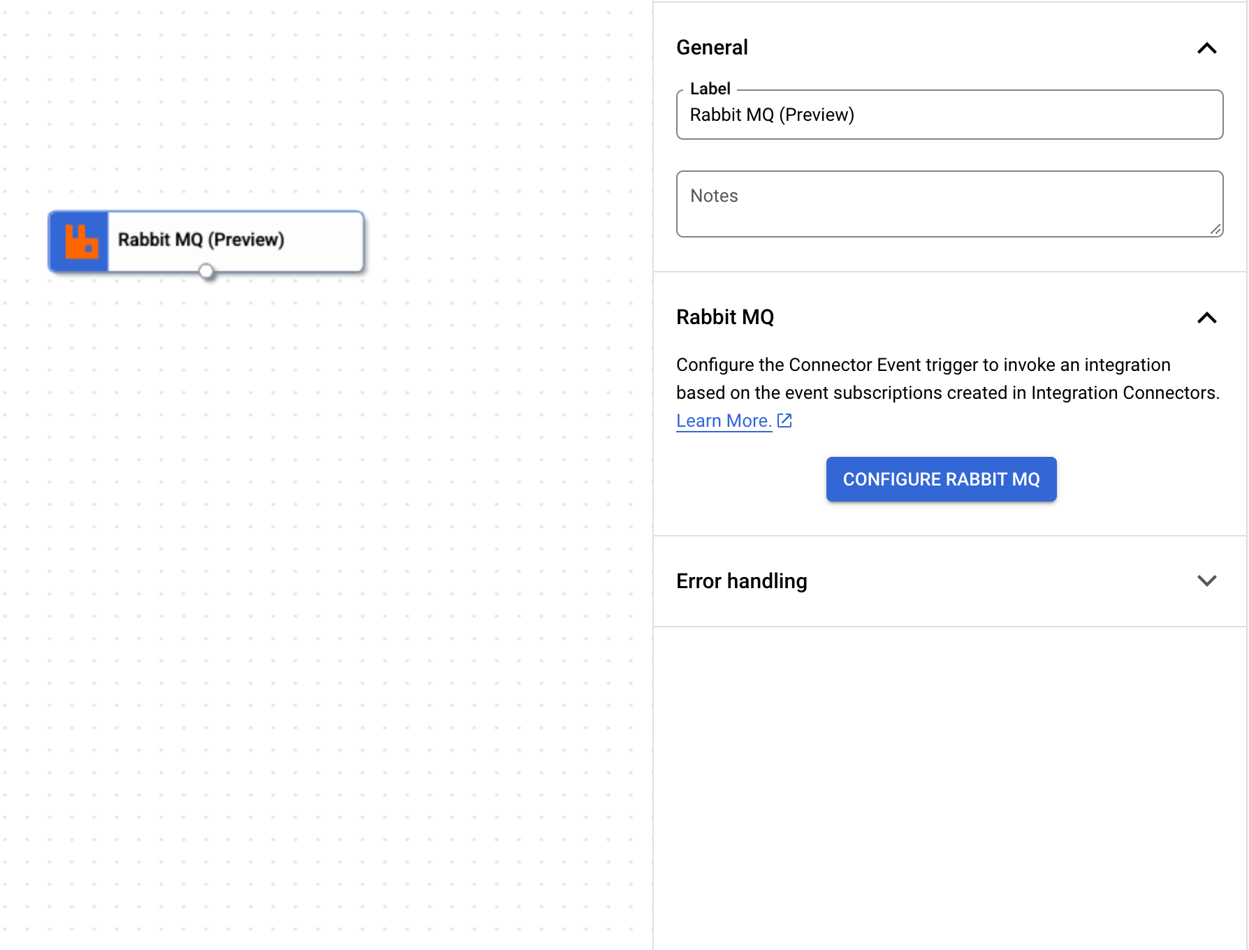 Imagen que muestra el panel de configuración del activador de RabbitMQ