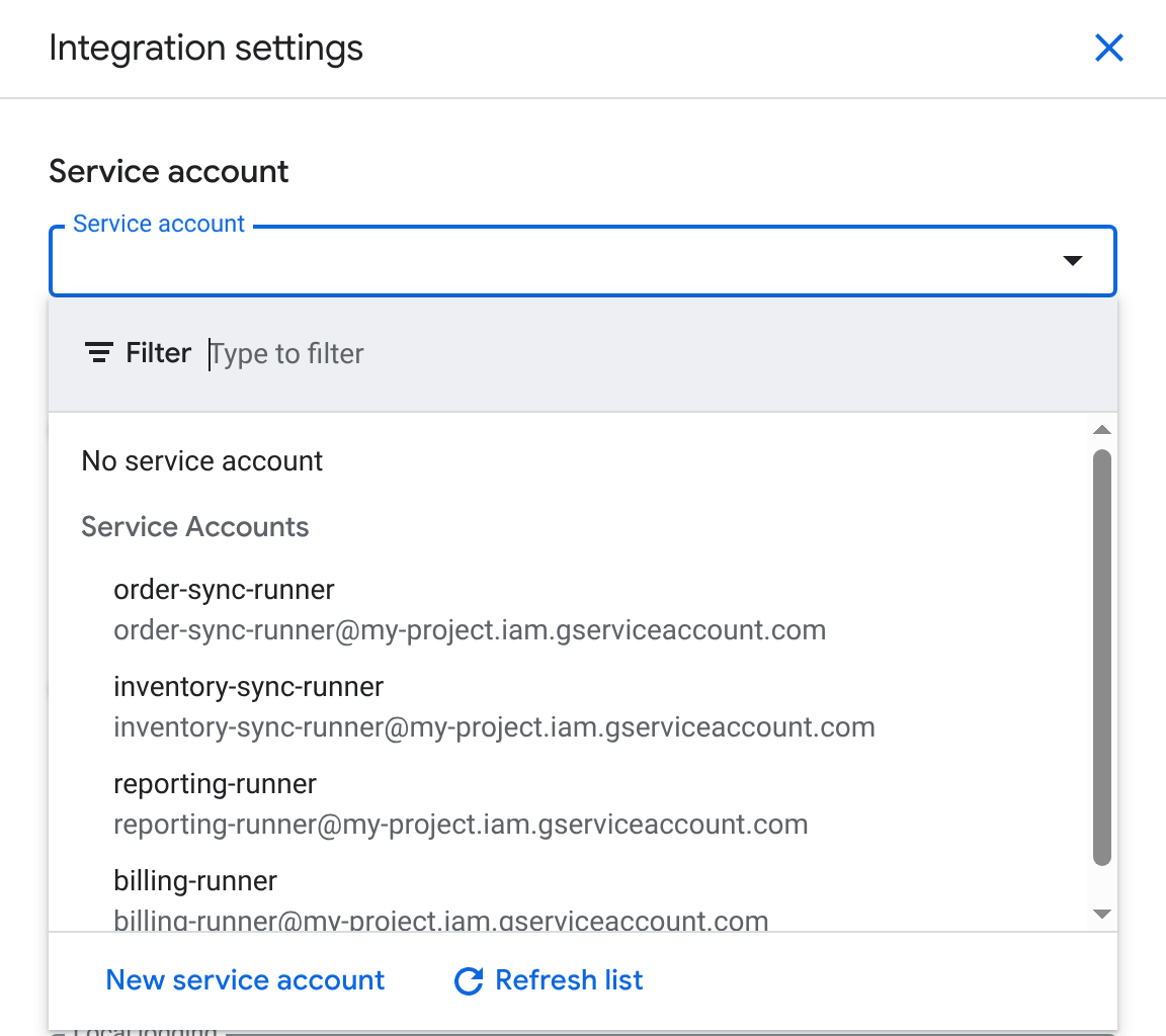 La lista de cuentas de servicio se abre en el panel de configuración de la integración, en el que se muestra No hay cuentas de servicio y una lista de cuentas de servicio en el proyecto.