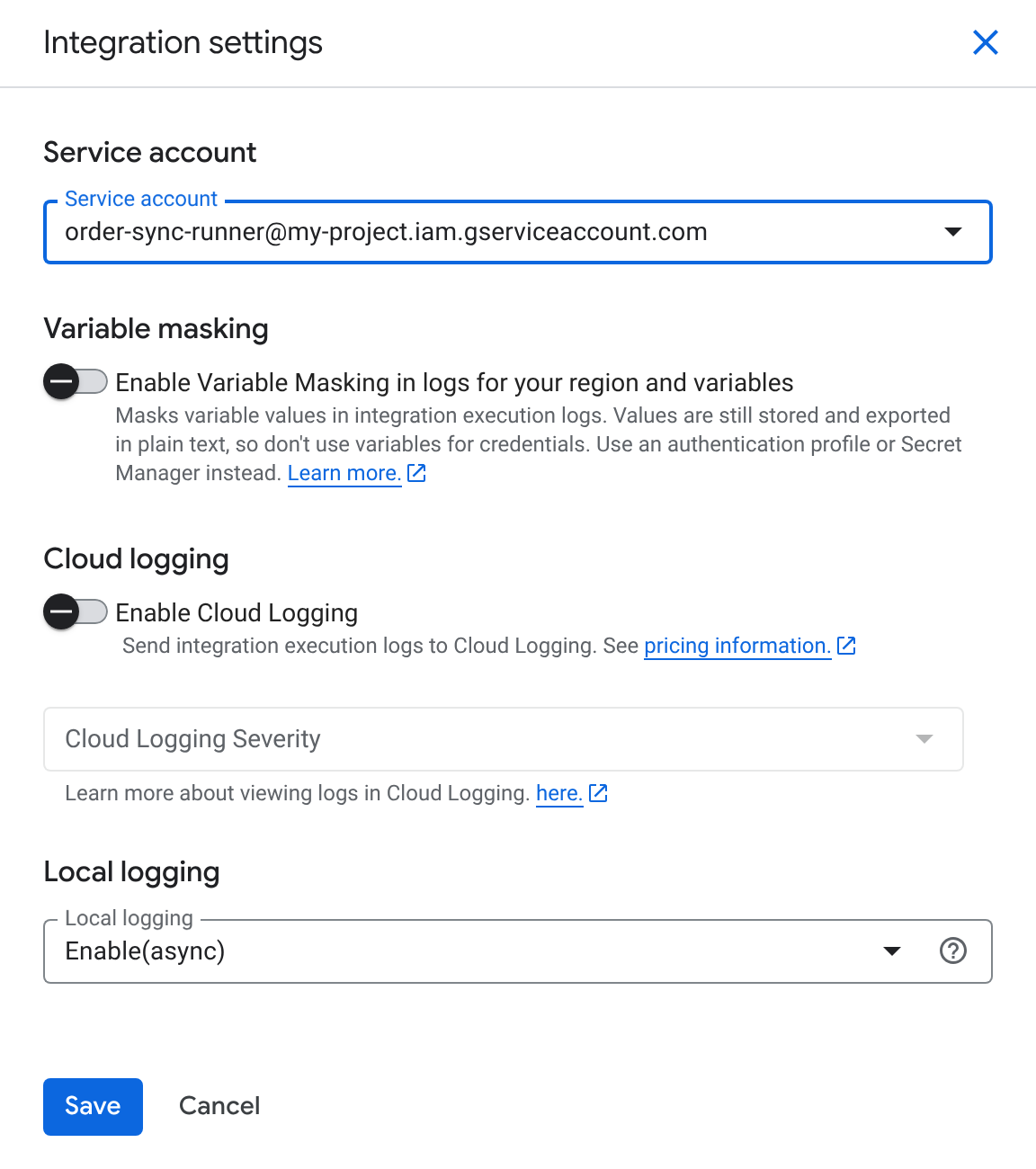 The Integration settings pane with a service account selected in the Service account field, and the Save button