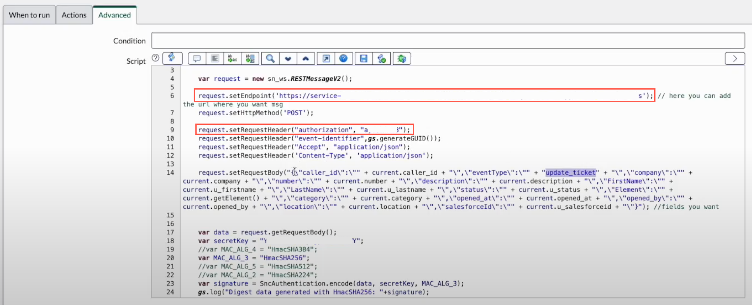 Immagine che mostra una regola aziendale ServiceNow di esempio