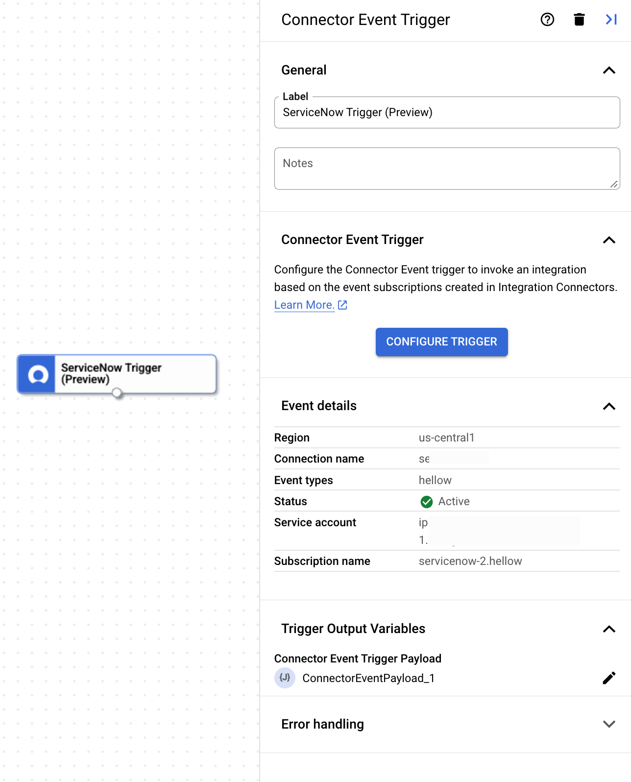 Gambar yang menampilkan panel konfigurasi pemicu ServiceNow