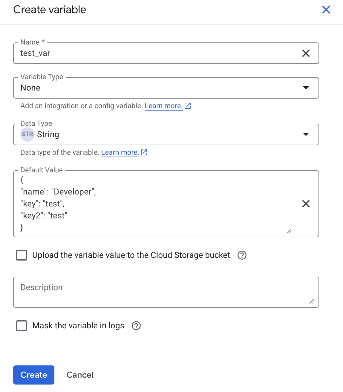 Crea una variabile stringa per il payload JSON