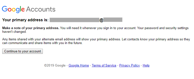 顯示主要地址已變更的訊息。