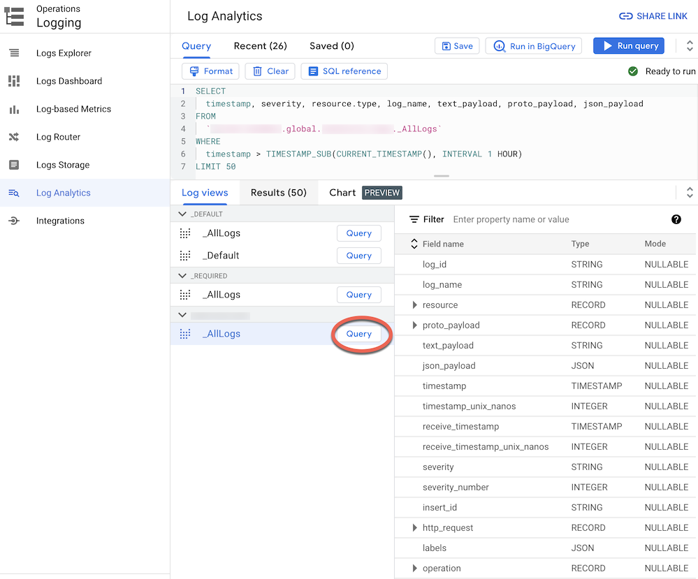 Registe o Analytics com a tabela cloudaudit_googleapis_com_data_access selecionada.
