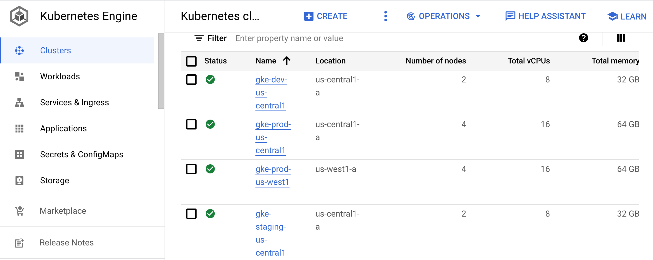 Os detalhes dos clusters incluem a localização, o tamanho do cluster e o número total de núcleos.