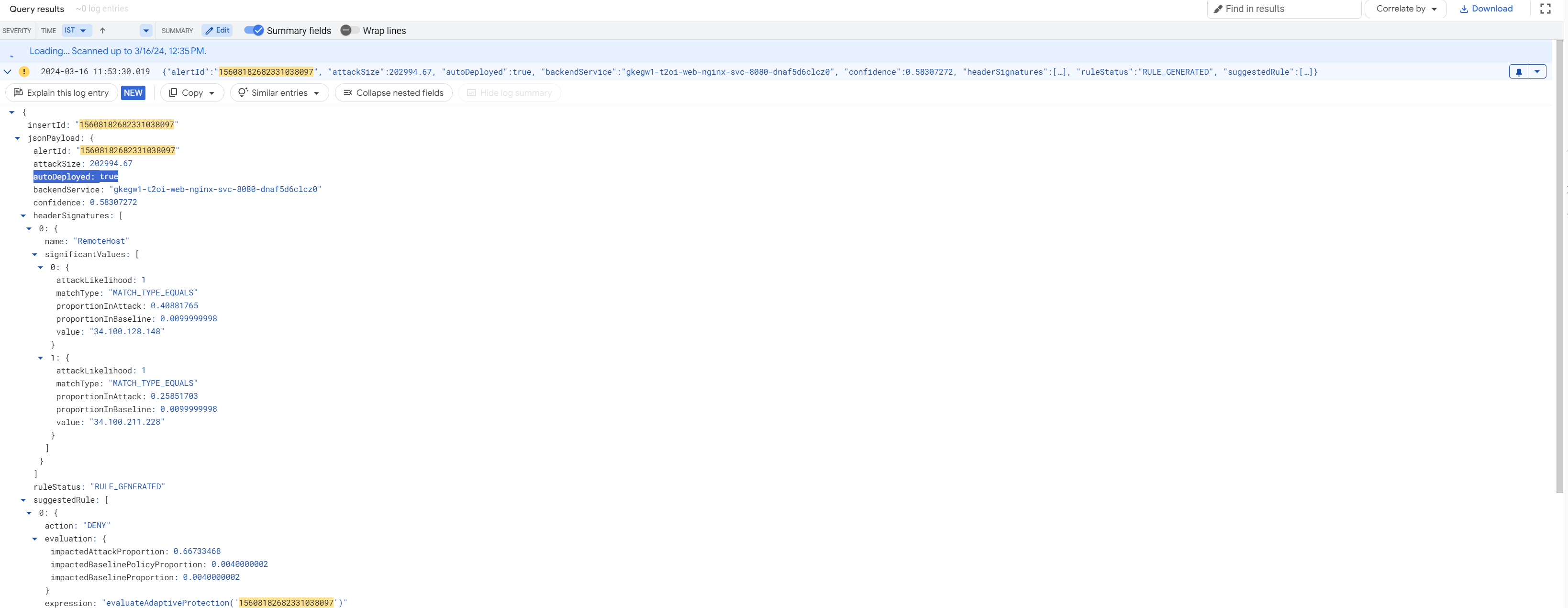 An Adaptive Protection example log.