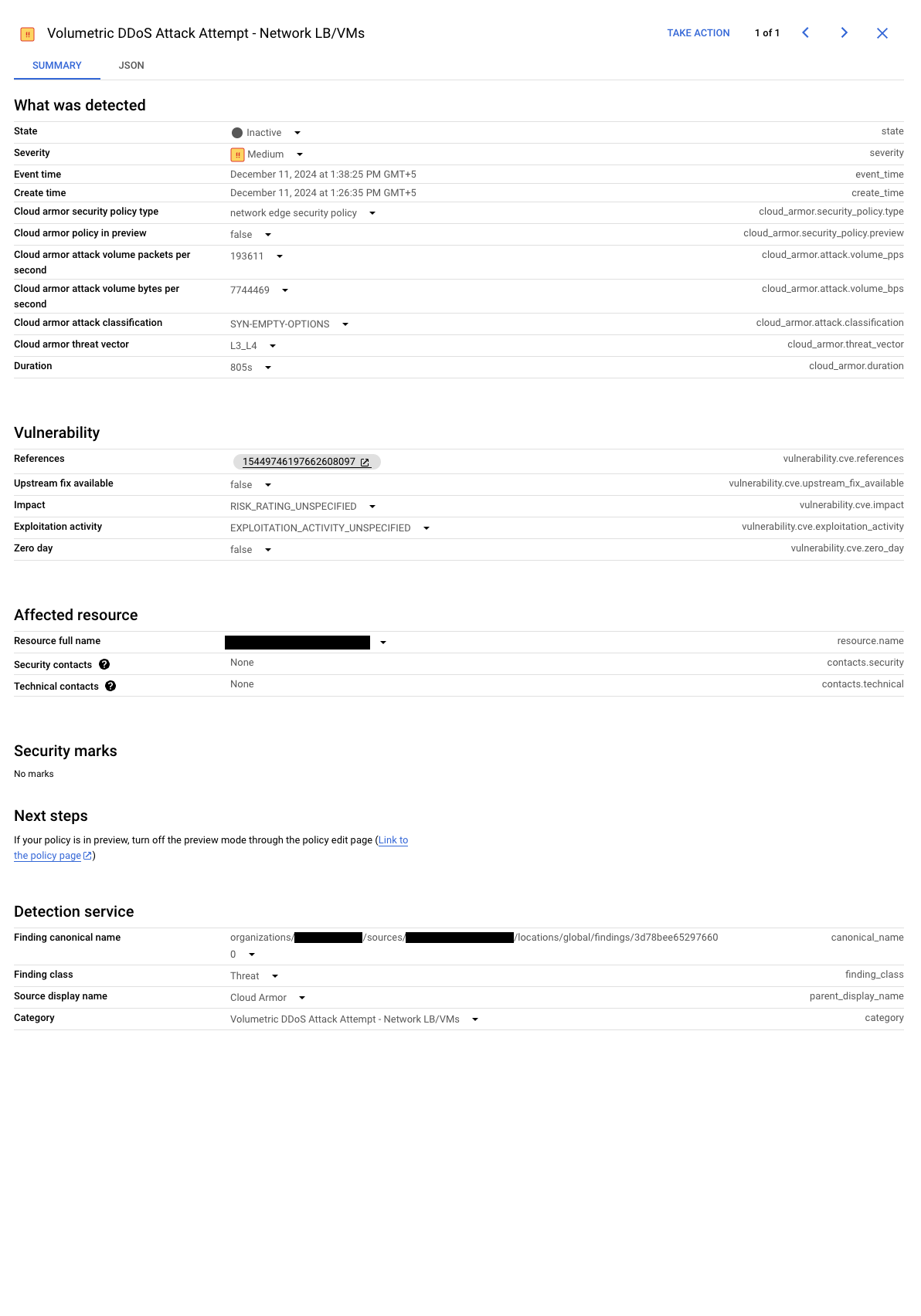 Es un hallazgo inactivo de Security Command Center.