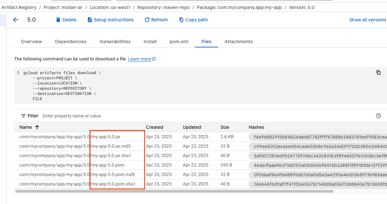 A sample **Files** tab for Version 5.0 of a Maven package.