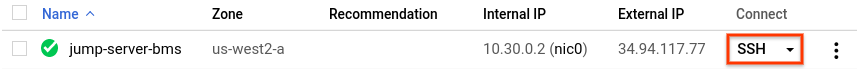 El botón SSH está resaltado en la fila del host de salto de la página Instancias de VM