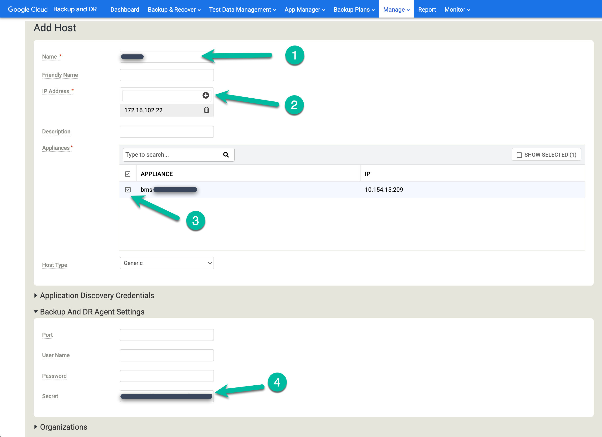 Page de la console de gestion Backup and DR montrant les champs à remplir pour ajouter un hôte, tels que le nom, l&#39;adresse IP et l&#39;appliance.