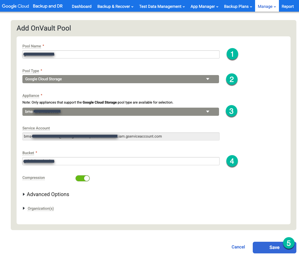 [Add OnVault Pool] ダイアログ ボックスが表示されたバックアップと DR の管理コンソール ページ。