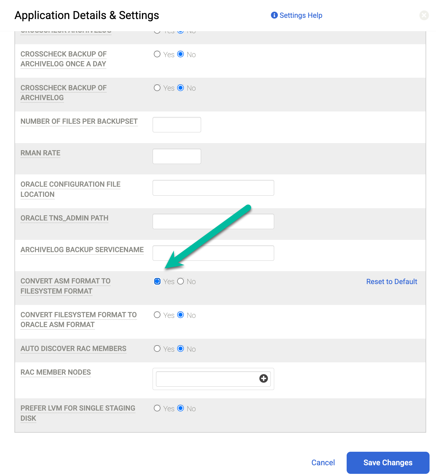 Cuadro de diálogo de Backup and DR que muestra cómo seleccionar la conversión del formato ASM al formato del sistema de archivos.