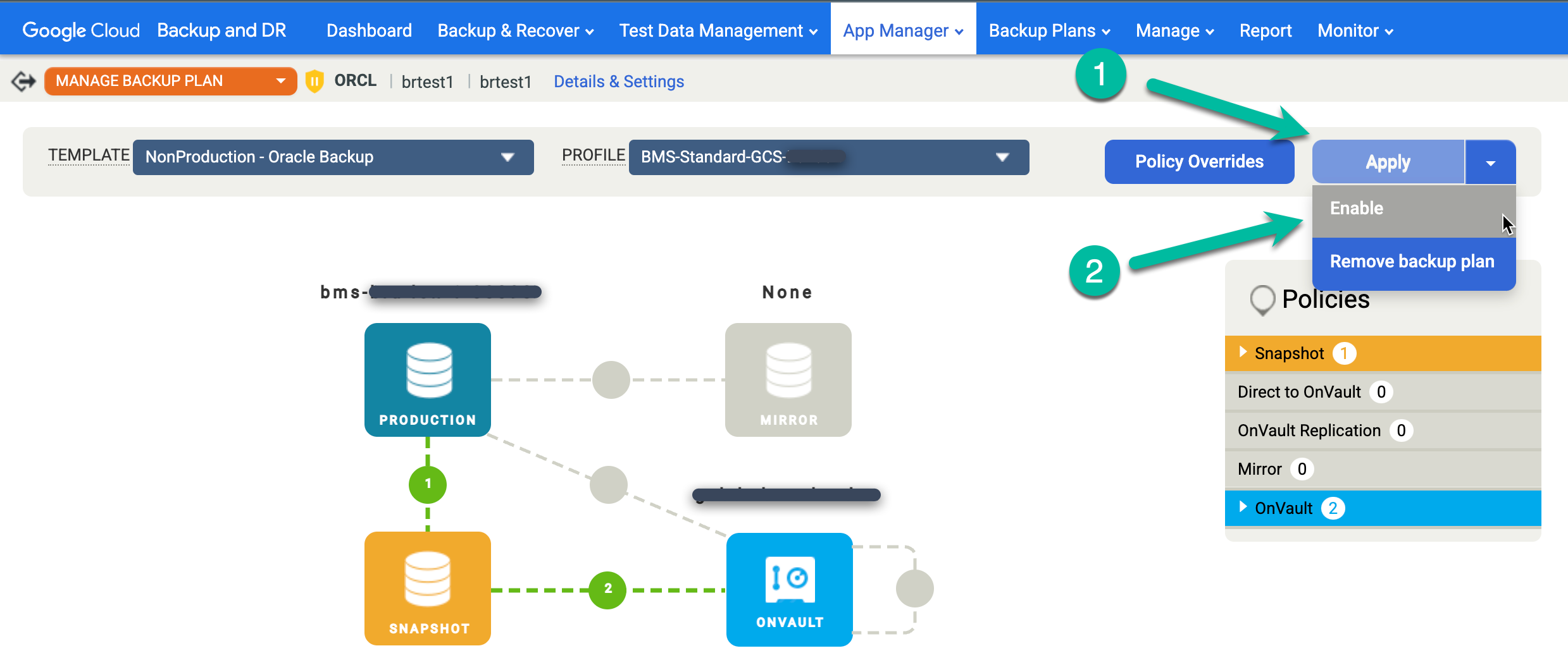 Halaman konsol pengelolaan Backup and DR yang menunjukkan cara mengaktifkan rencana pencadangan untuk database yang dipulihkan.
