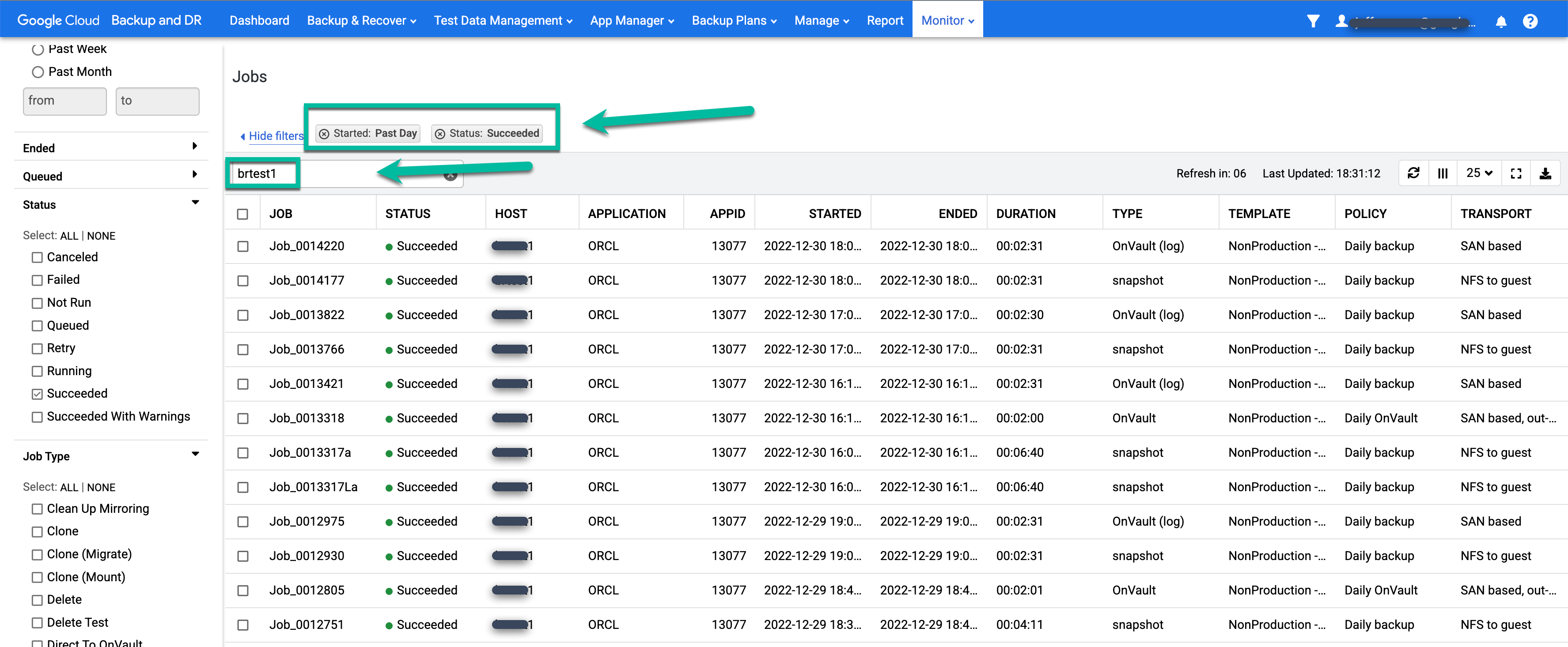 Pagina della console di gestione di Backup e RE che mostra come cercare un job di backup utilizzando i filtri.