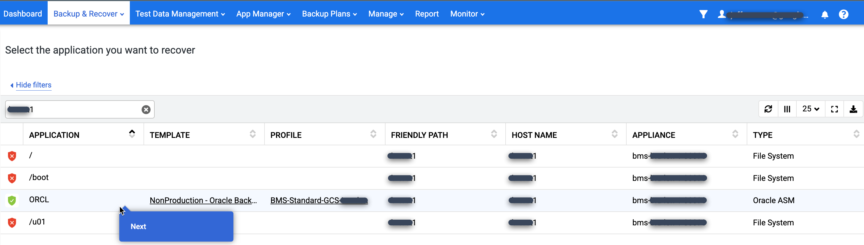Pagina della console di gestione di Backup & RE che mostra come selezionare un database da recuperare.