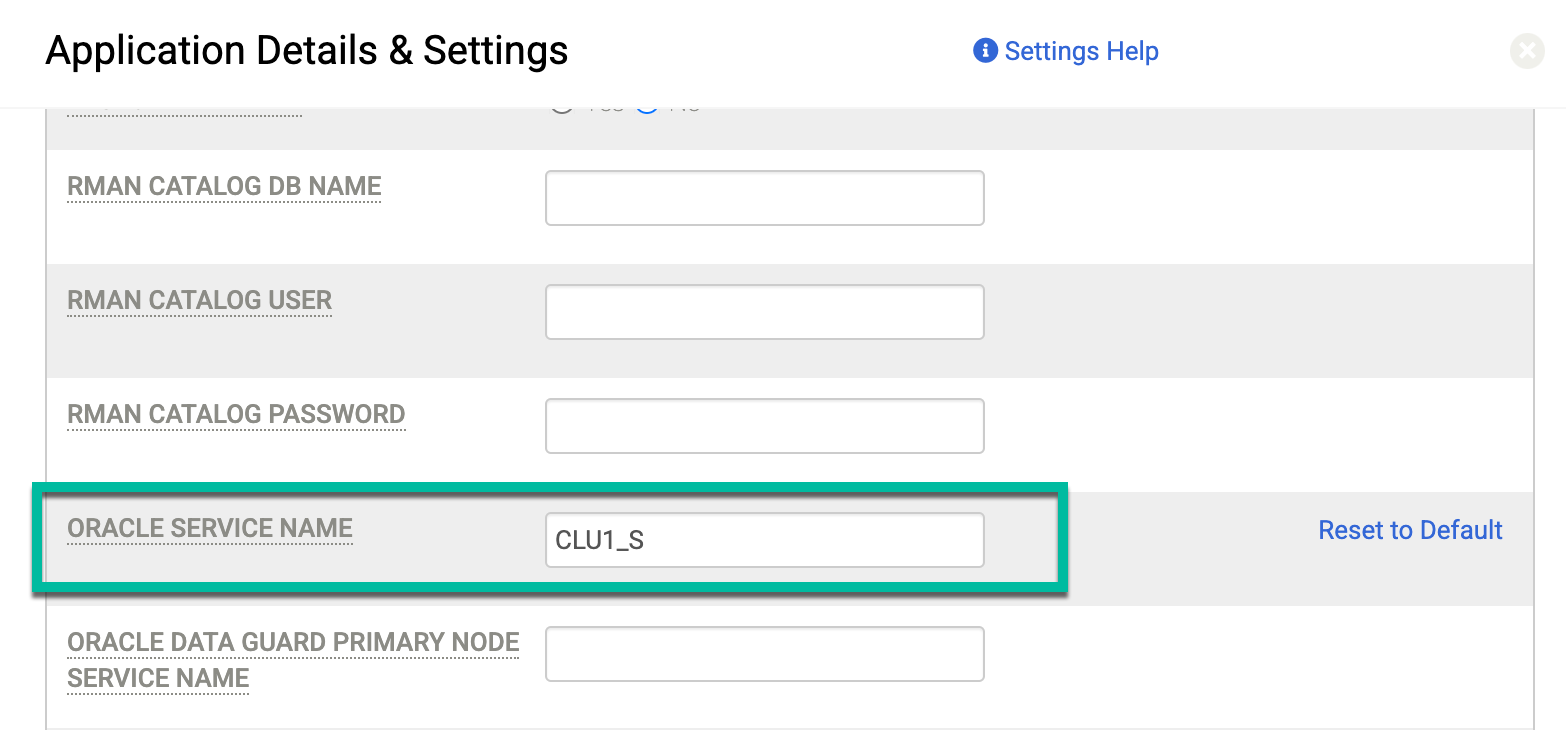 [Application Details and Settings] の [Oracle Service Name] フィールドの場所を示す、バックアップと DR のダイアログ ボックス。