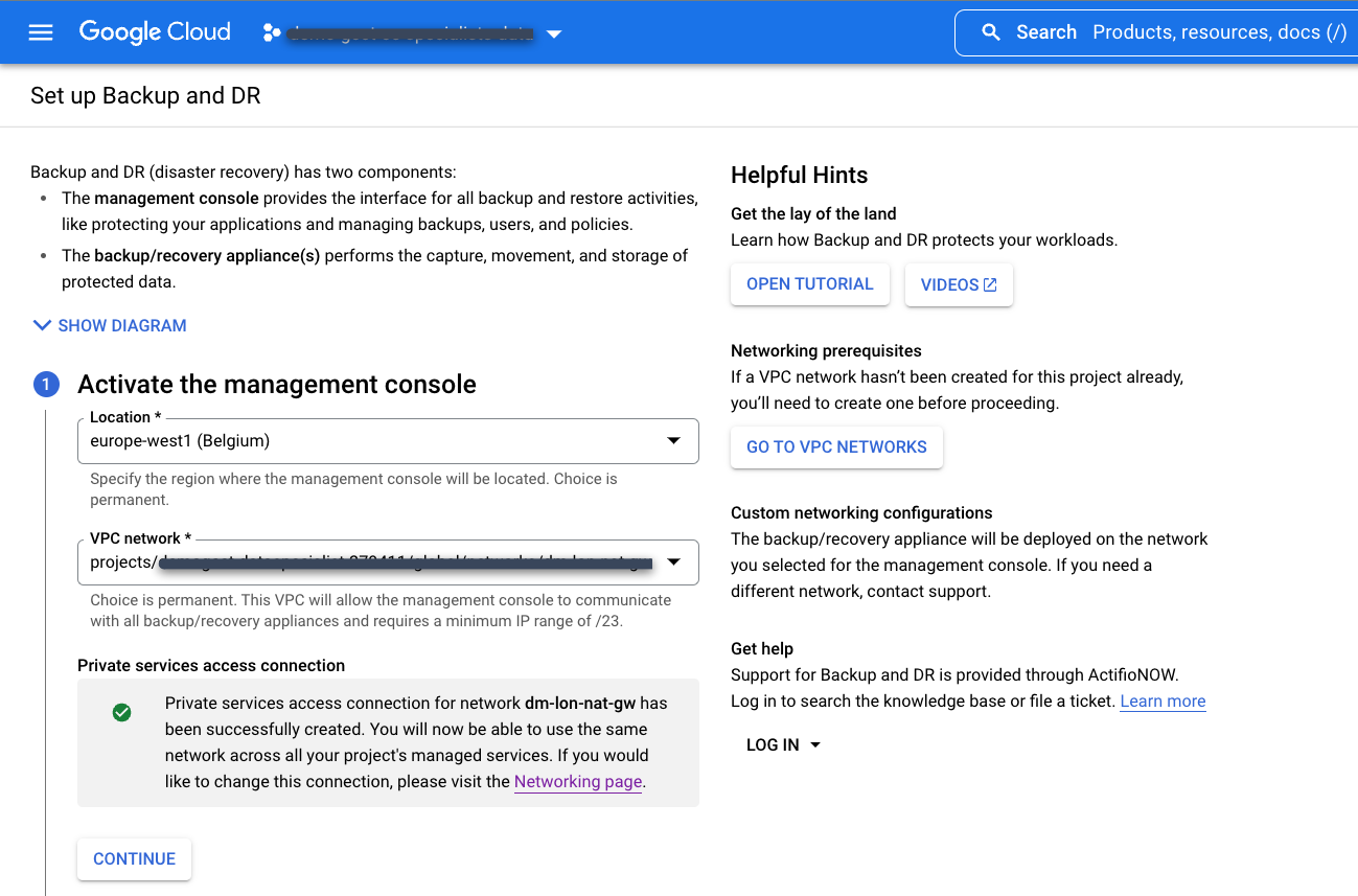 显示 Google Cloud 控制台中备份和灾难恢复的初始主页面。字段包括专用服务连接、用于部署备份和灾难恢复管理控制台的区域以及 VPC 网络。