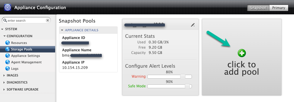 Pagina della console di gestione di Backup & RE che mostra come creare un nuovo pool di snapshot facendo clic sul pulsante Fai clic per aggiungere pool.