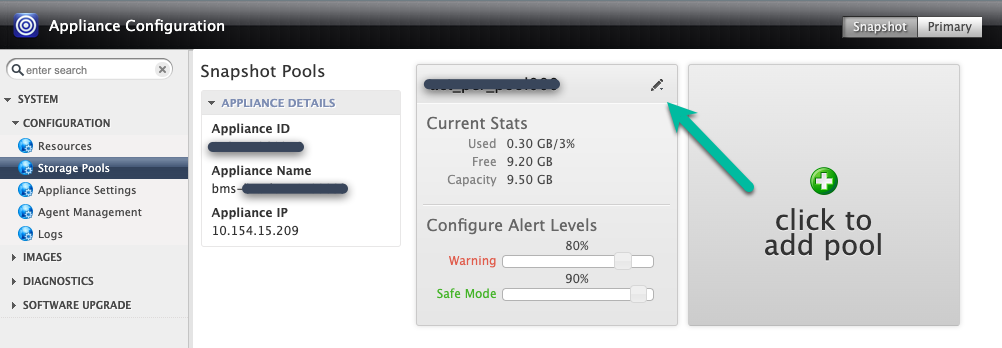 Pagina della console di gestione di Backup & RE che mostra come espandere un pool di snapshot facendo clic sull&#39;icona a forma di matita.