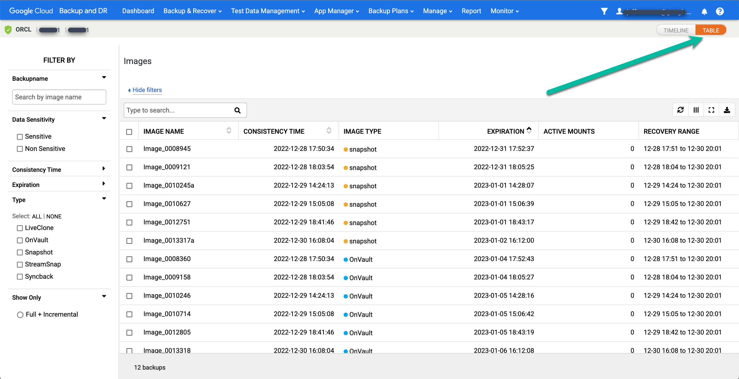 Page de la console de gestion Backup and DR montrant comment cliquer sur l&#39;onglet &quot;Table&quot; pour afficher les images de sauvegarde à un moment précis dans un tableau.