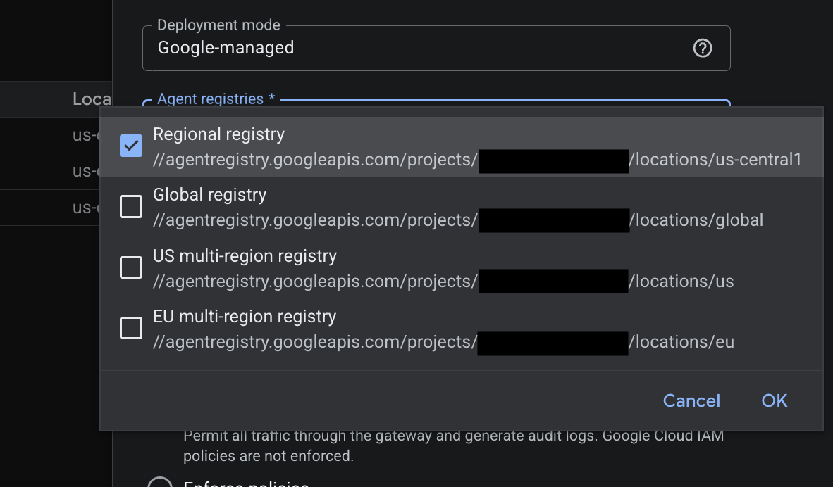 Verfügbare Regionsoptionen in Agent Gateway für Agent-Registrierungen.