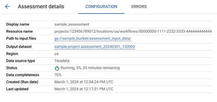 Página de detalhes da avaliação: guia "Configuração".