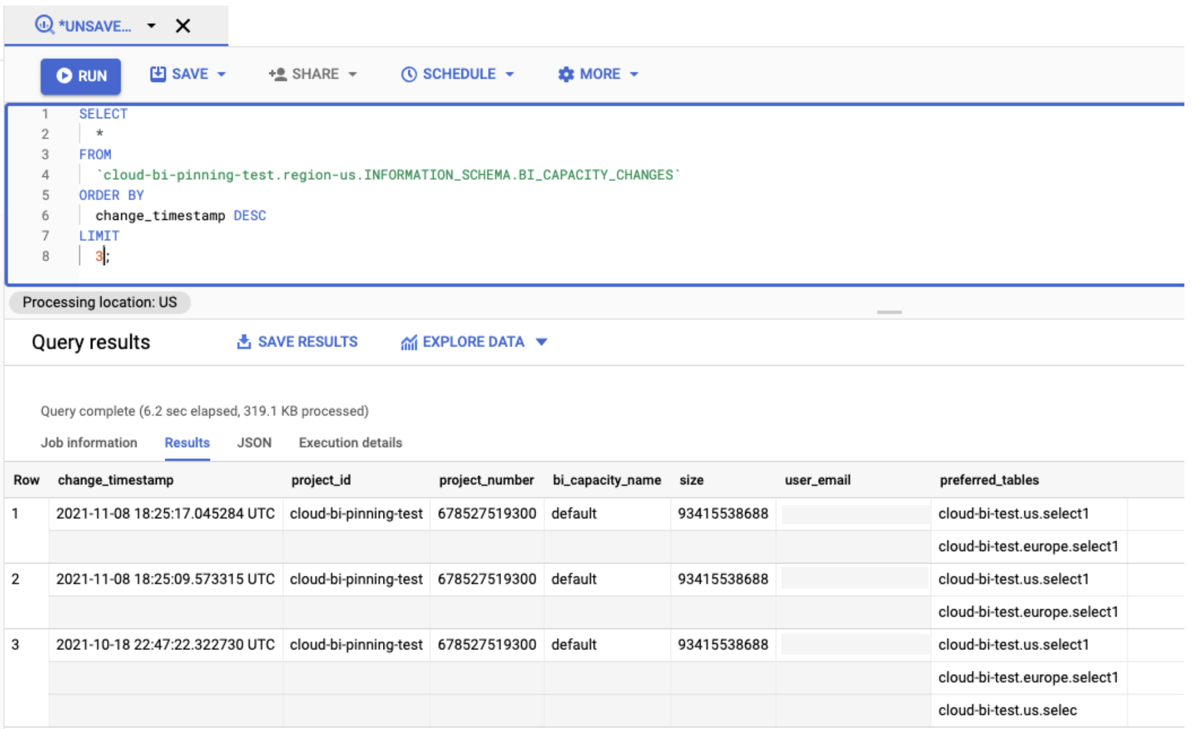 Filas de resultados con change_timestamp, project_id y project_number