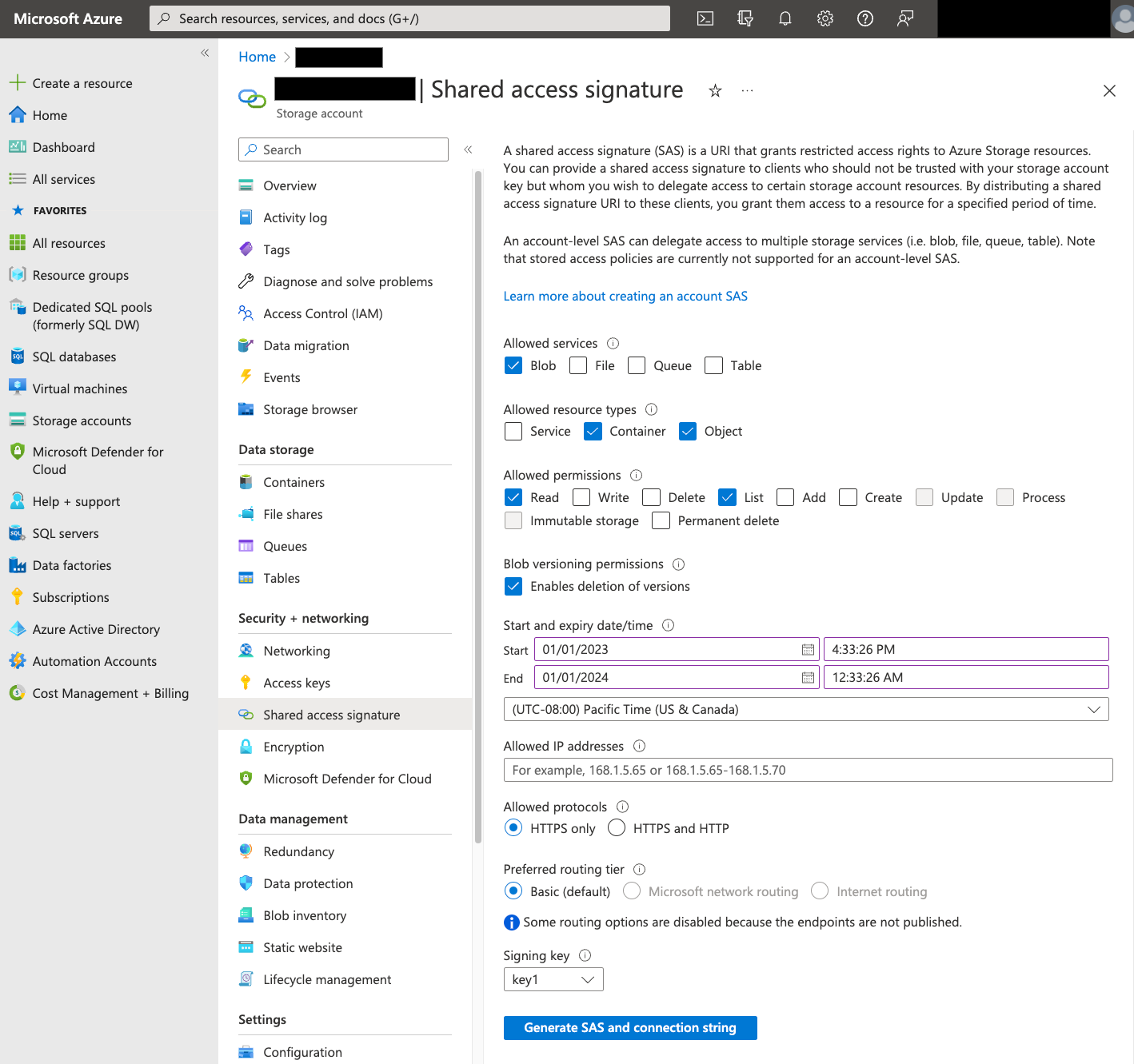 SAS de Azure Portal