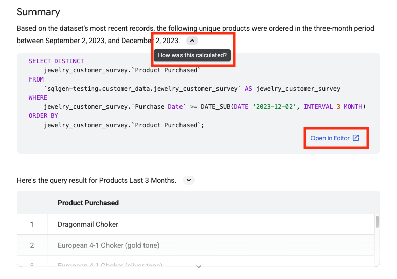 I dettagli di calcolo dell'API, inclusi la query generata e il
risultato della query.