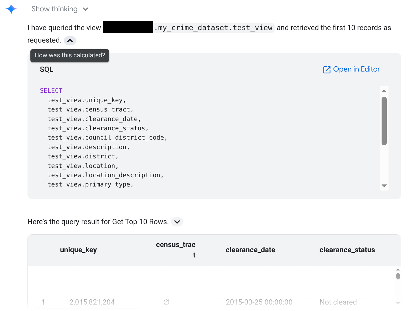 Die Berechnungsdetails der API, einschließlich der generierten Anfrage und des Anfrageergebnisses.