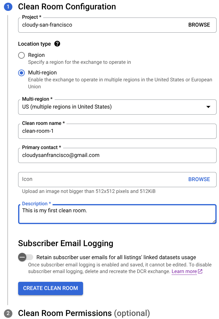 BigQuery Sharing에서 데이터 클린룸 창 만들기
