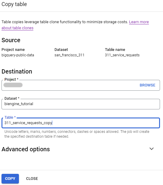 La finestra Copia tabella con le opzioni di destinazione