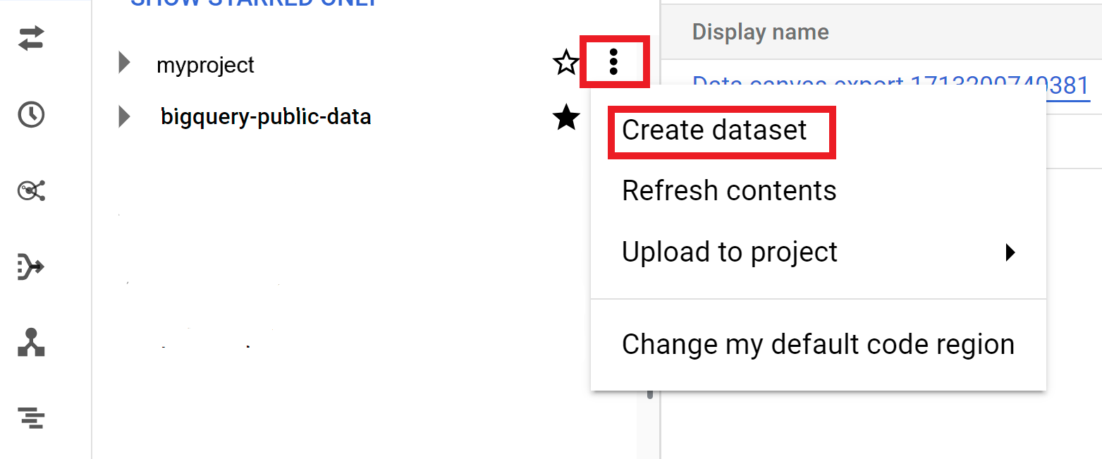 Use o menu de ações do projeto para criar um conjunto de dados