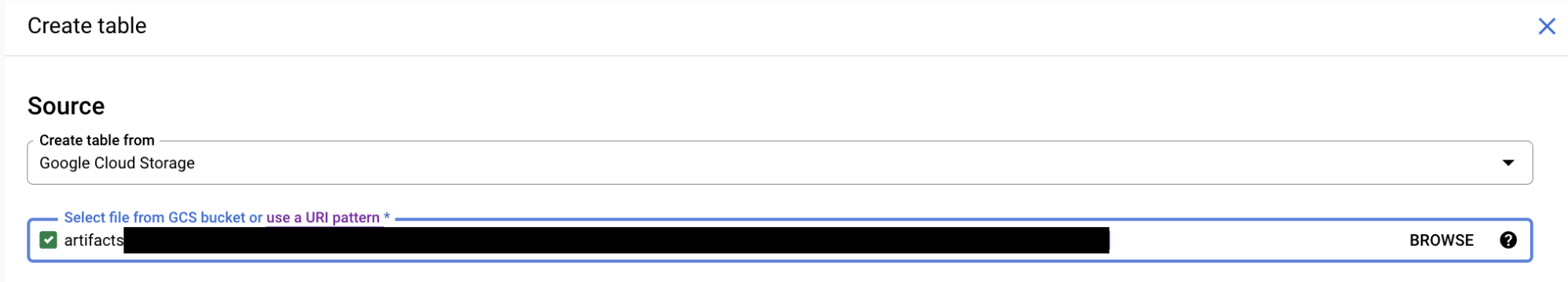 Seleccionar el archivo de origen para crear una tabla de BigQuery