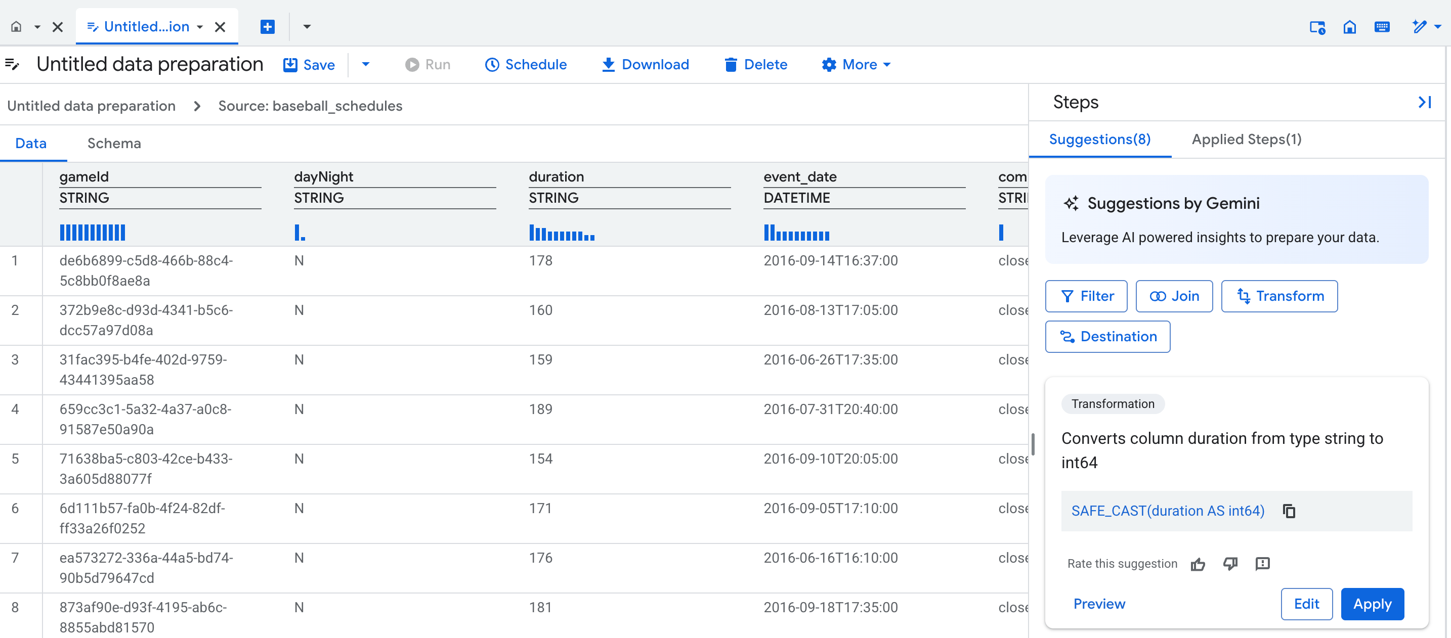 Datenansicht im Editor für die Datenvorbereitung
