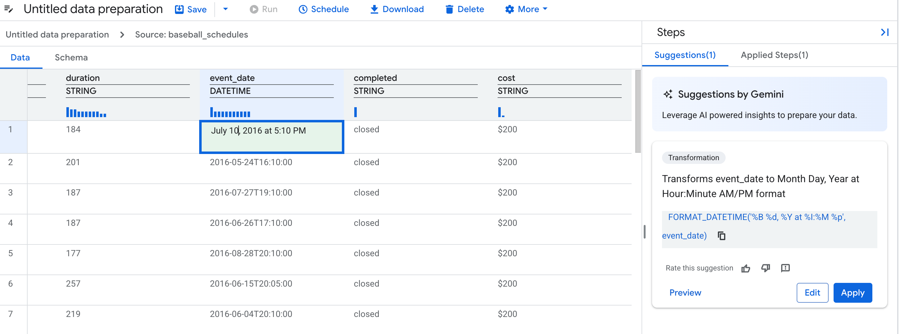 Improve suggestions by editing values in the cells to demonstrate what the values in the column should look like.