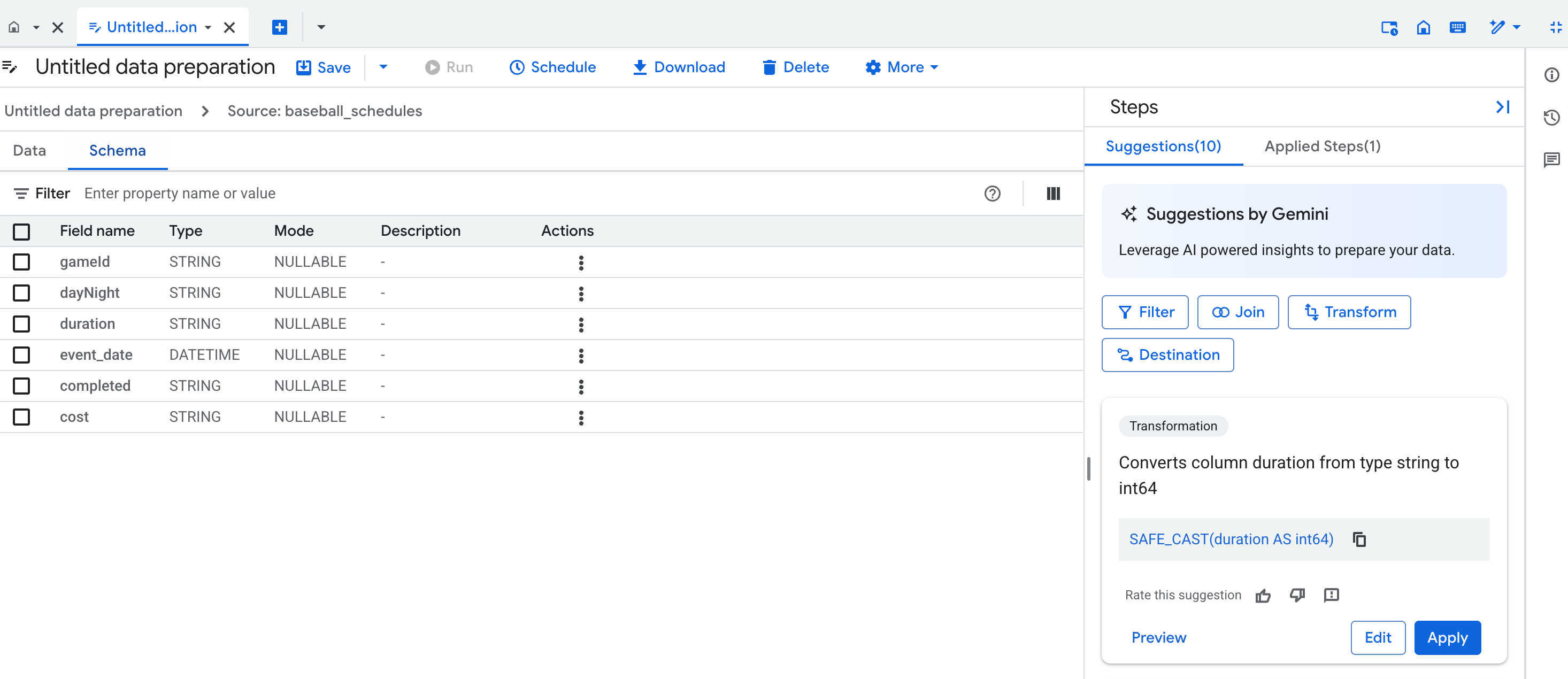 Visualizzazione dello schema nell'editor di preparazione dei dati