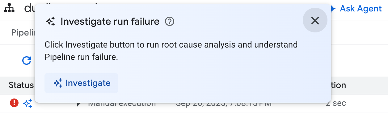 Interfaccia della pipeline di dati che mostra un'icona per "Analizza" un'esecuzione non riuscita, chiedendo all'agente di data engineering di diagnosticare gli errori.