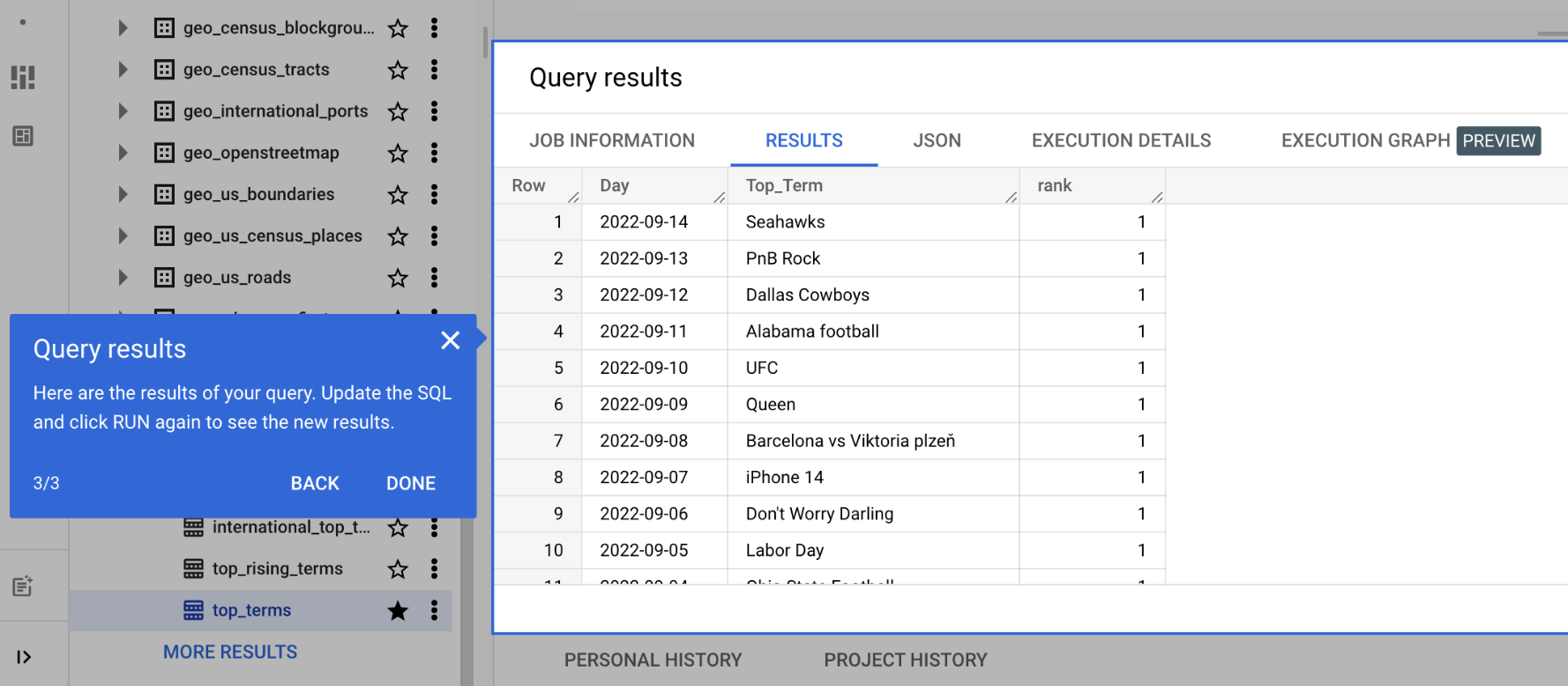The query results in the Results pane.