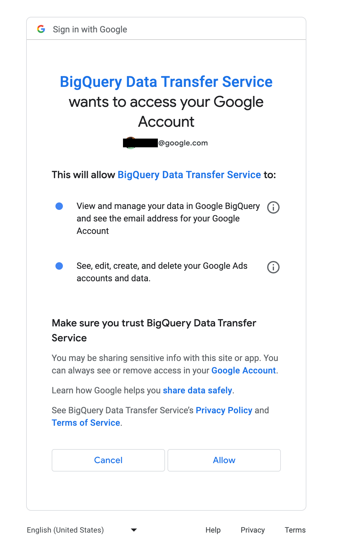 מתן גישה ל-Google Ads לשירות העברת נתונים ל-BigQuery.
