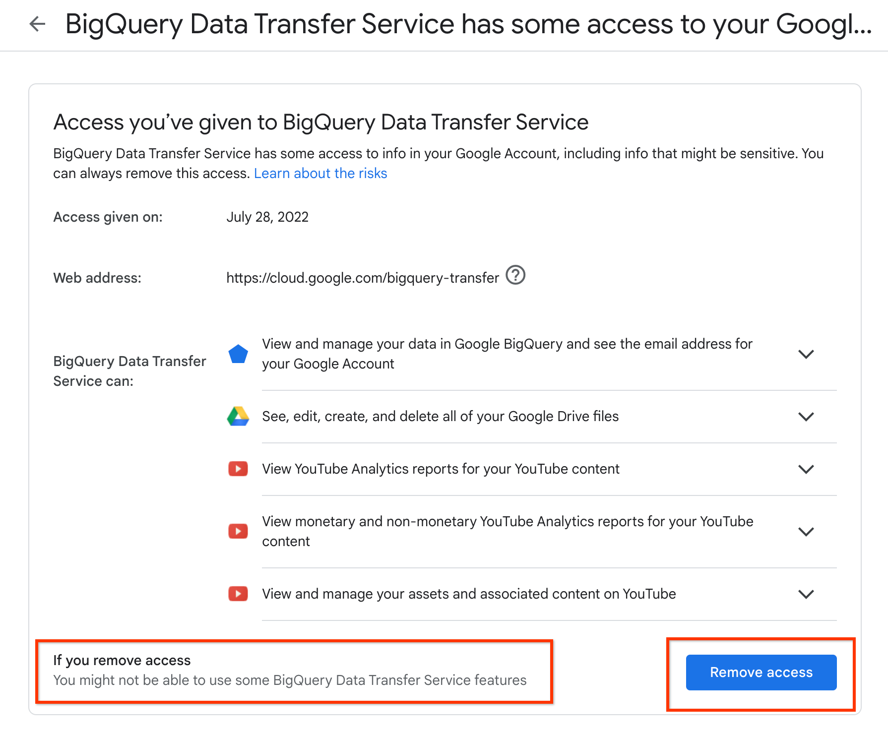 Rimuovi l'accesso che hai concesso a BigQuery Data Transfer Service.