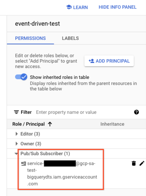 Verify if the service agent has pubsub.subscriber on the subscription.