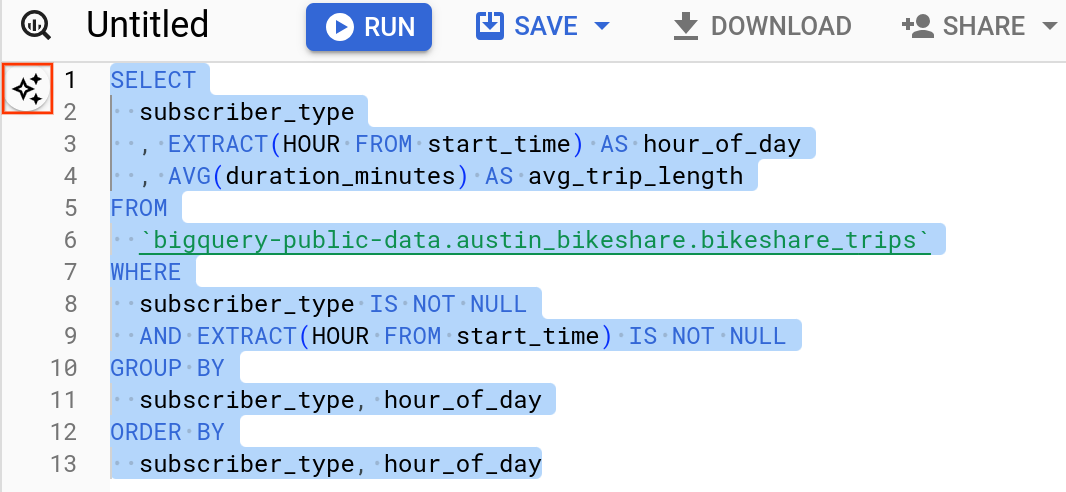 BigQuery 查詢編輯器中醒目顯示「說明這項查詢」圖示和文字。