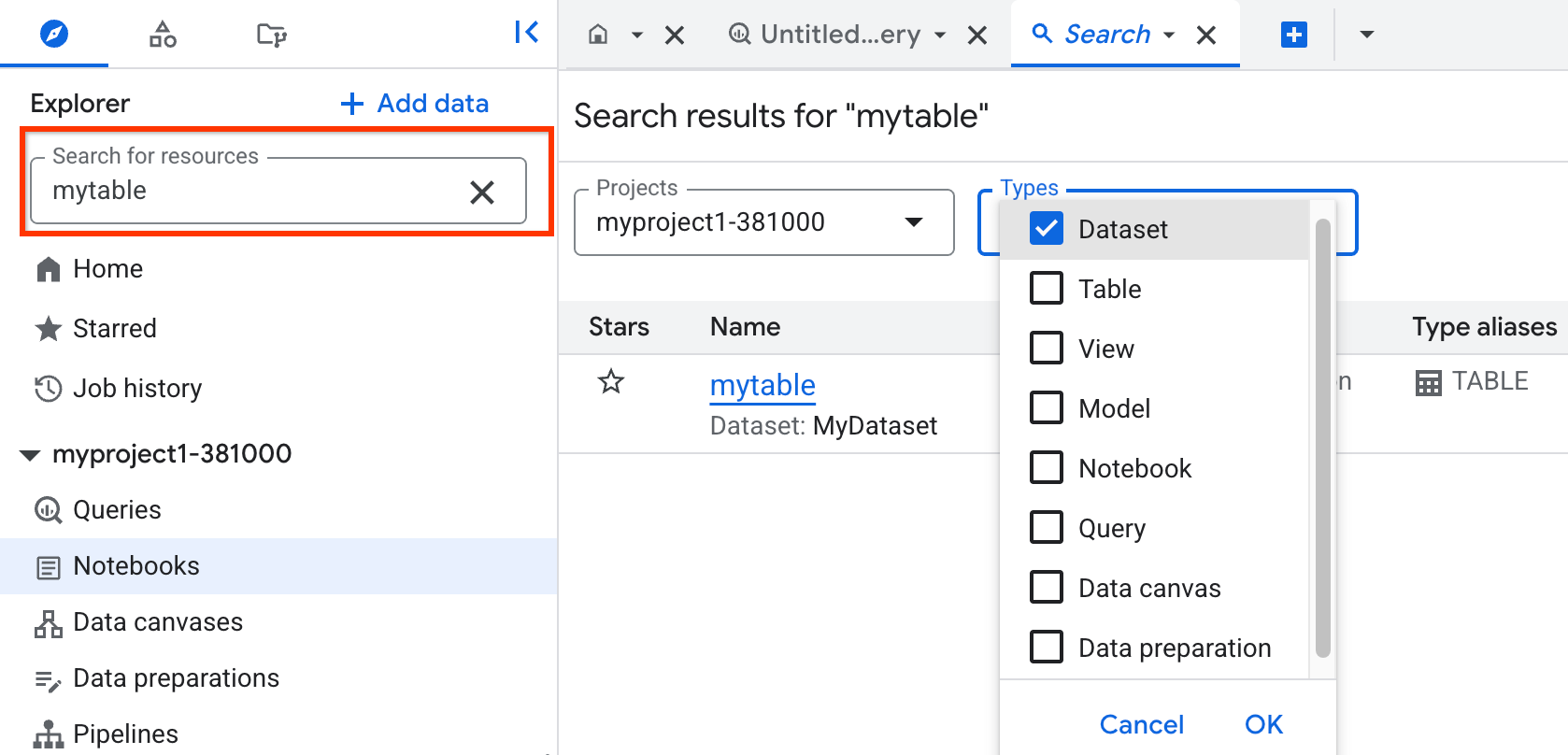 Kotak penelusuran di tab Explorer.
