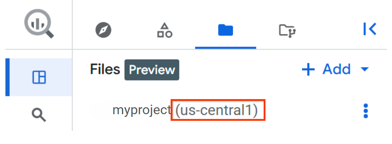 La región de código actual se muestra junto al nombre del proyecto en el panel **Archivos**.