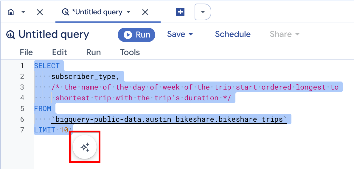 Gemini icon highlighted near the selected text in the BigQuery query editor.