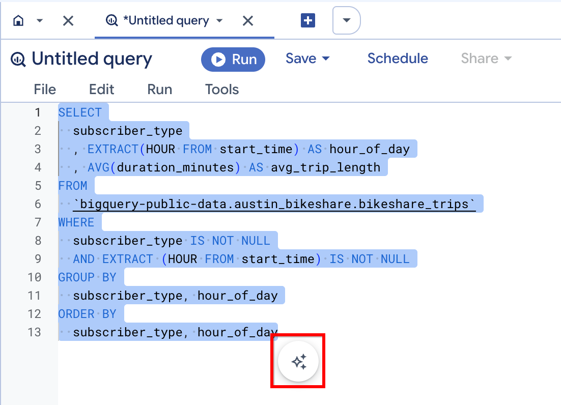 The Explain this query icon and text highlighted in the
BigQuery query editor.