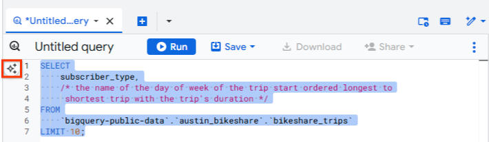 Ikon Gemini ditandai di margin editor kueri BigQuery dan pernyataan SQL lengkap dipilih.