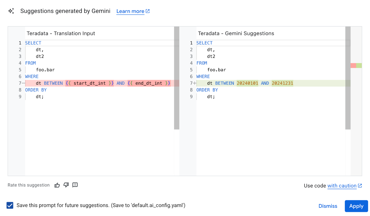 Aplica los cambios del archivo YAML de configuración basado en Gemini